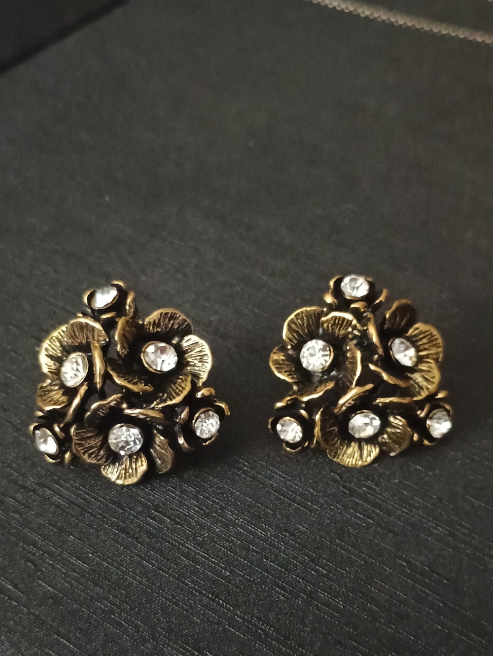 Antique Gold Floral Crystal Stud Earrings - Women Jewelry